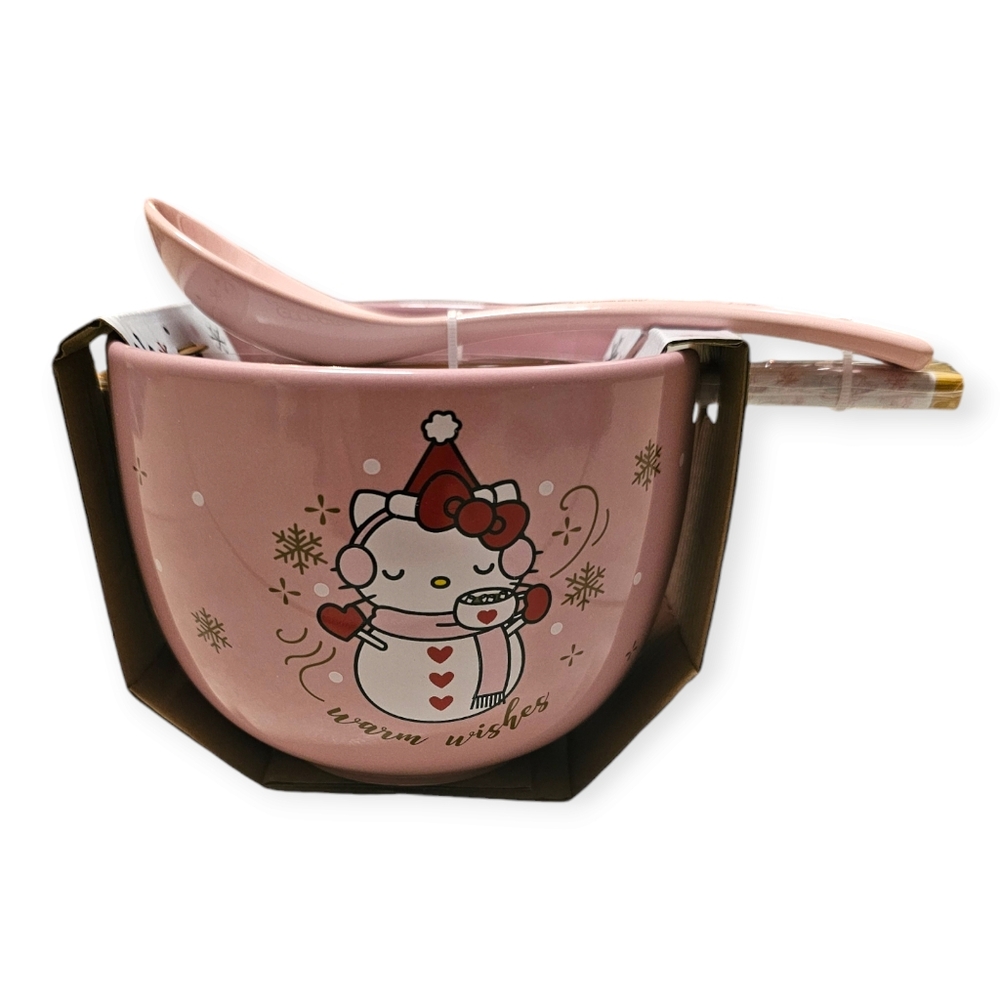 NWT Hello Kitty Winter Holiday Ceramic Bowl with Chopsticks and Spoon